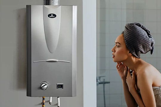 Residential water heating unit in bathroom setting